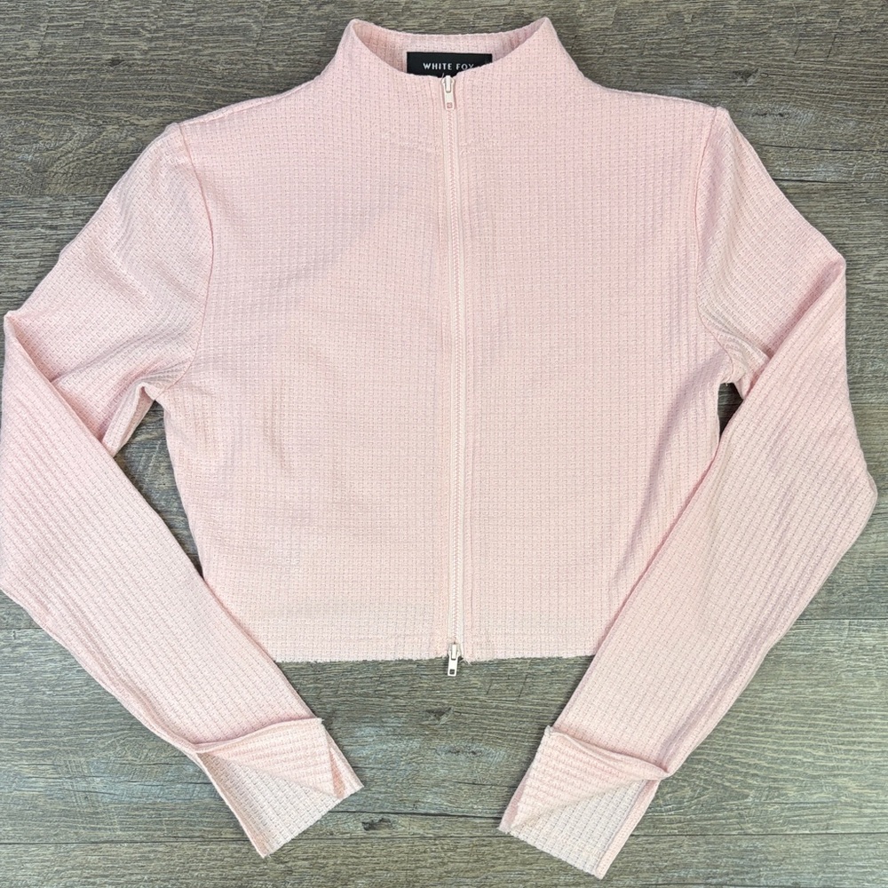 White Fox Boutique Pink Waffle-Knit Cropped Zip-Up Jacket | Size L